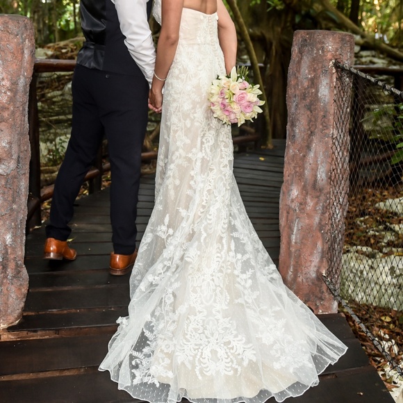 Oleg Cassini Strapless Lace Sheath Wedding Dress - Picture 3 of 5